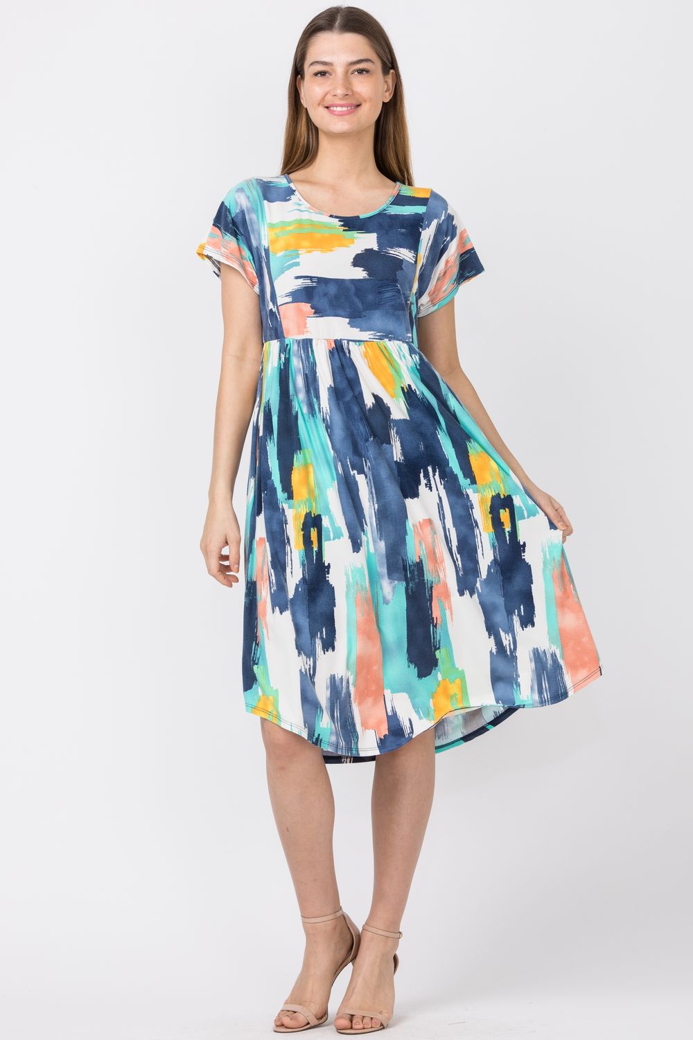 Color Short Sleeve Midi Dress ...